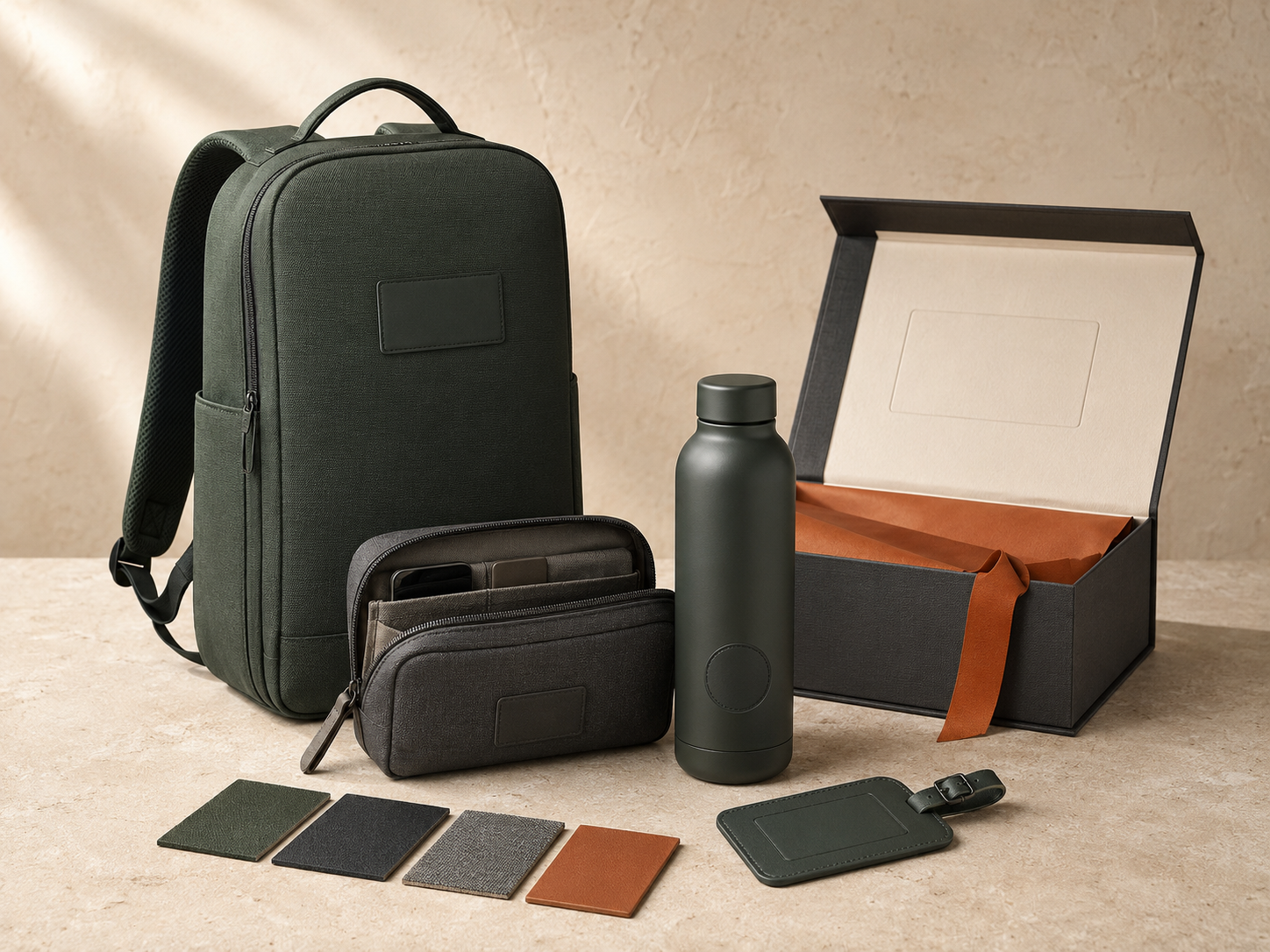 Coordinated corporate travel gift set with backpack, organiser, bottle and presentation box