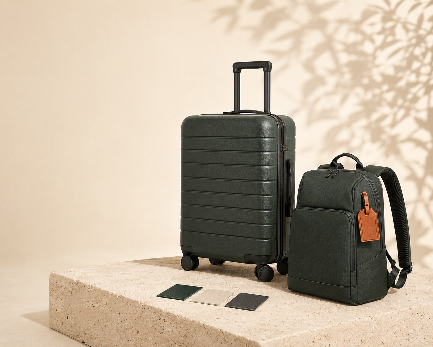 Forest green cabin luggage and executive backpack displayed on a limestone plinth