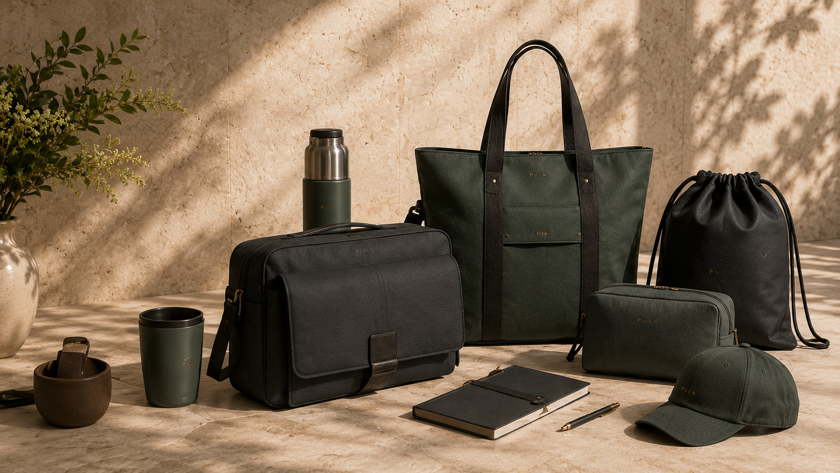 Coordinated corporate bag collection including tote, business bag, drawstring bag, organiser and drinkware