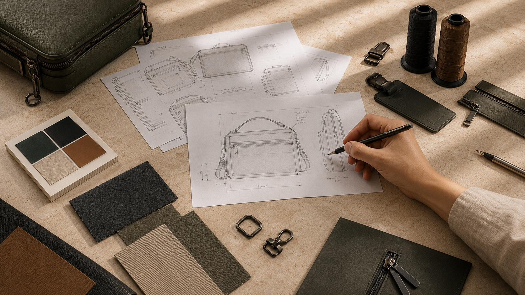 Bag product development workspace with technical sketches, material swatches, components and a designer refining the drawing