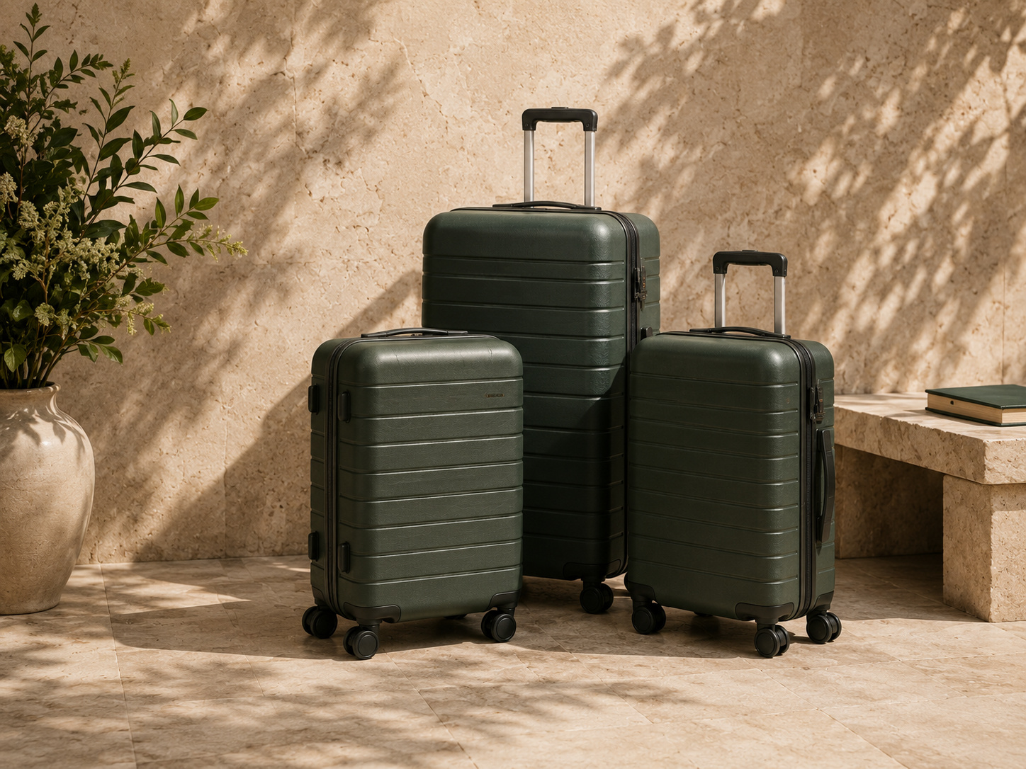 Three coordinated dark green hard-shell suitcases displayed in warm natural light