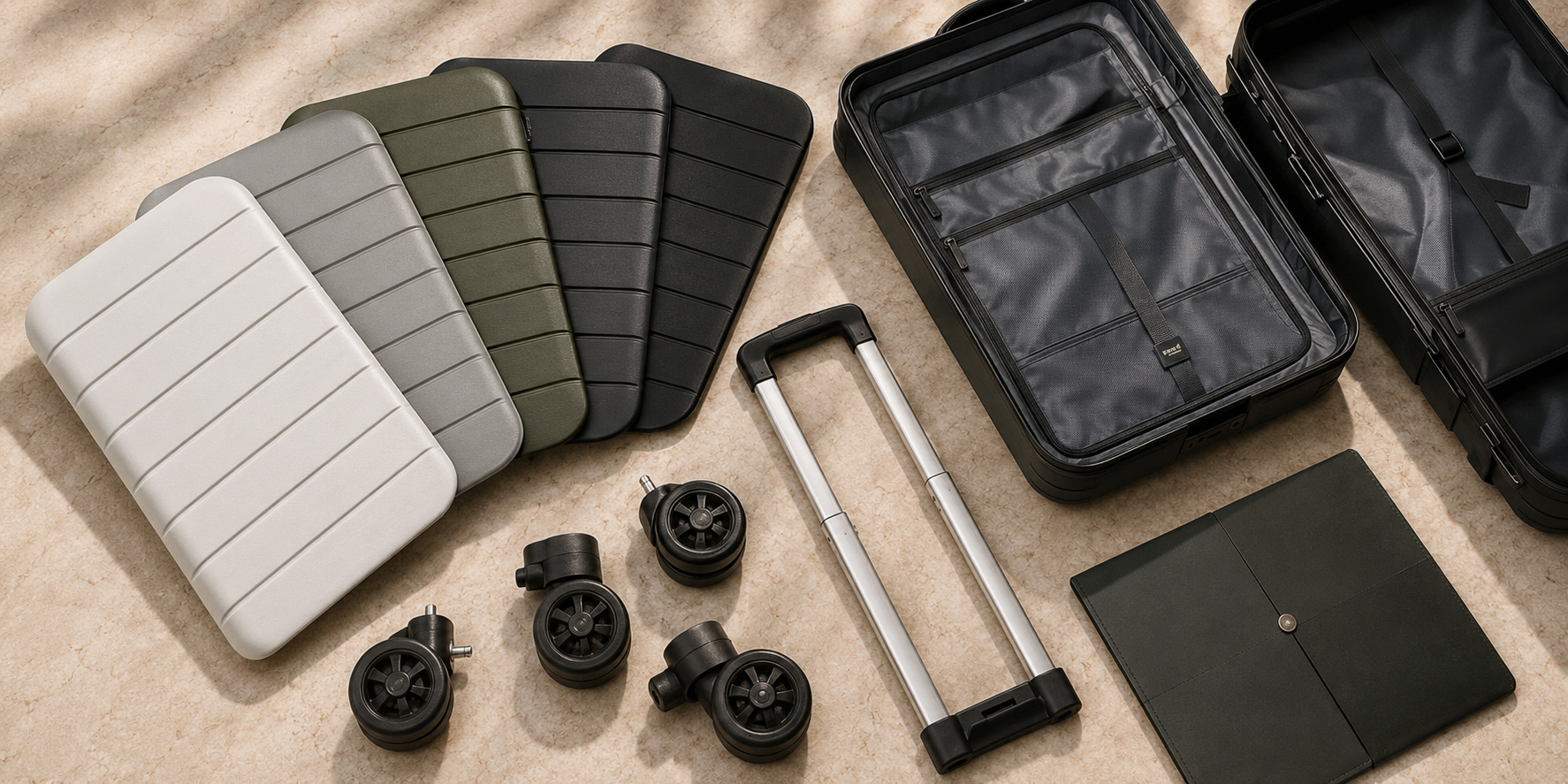 Luggage shell colours, wheels, telescopic handle, interior construction and specification folio