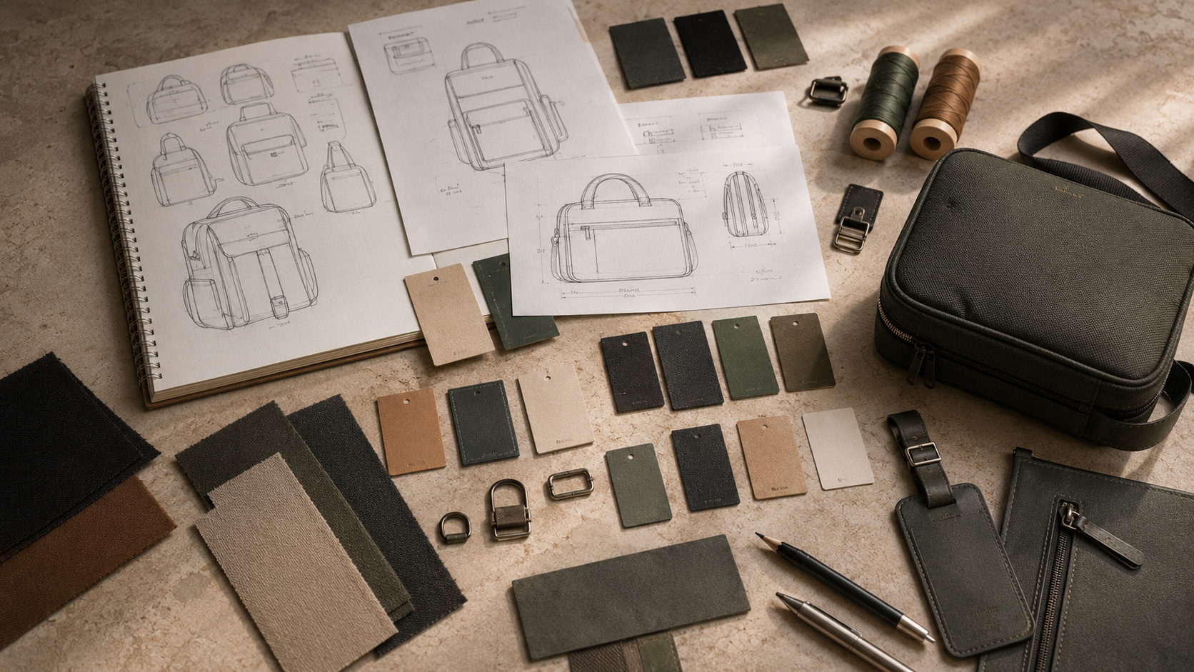 OEM and ODM product development table with bag sketches, material samples, components and a finished prototype