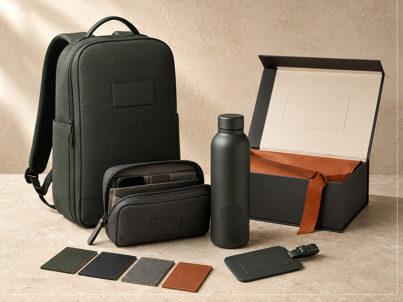 Complete coordinated corporate travel gift set with backpack, organiser pouches, bottle, presentation box, four material swatches and luggage tag
